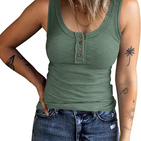 Women's Sleeveless Henley Tank Tops Ribbed V Neck Button Down T Shirts Summer Sl - Picture 1 of 2